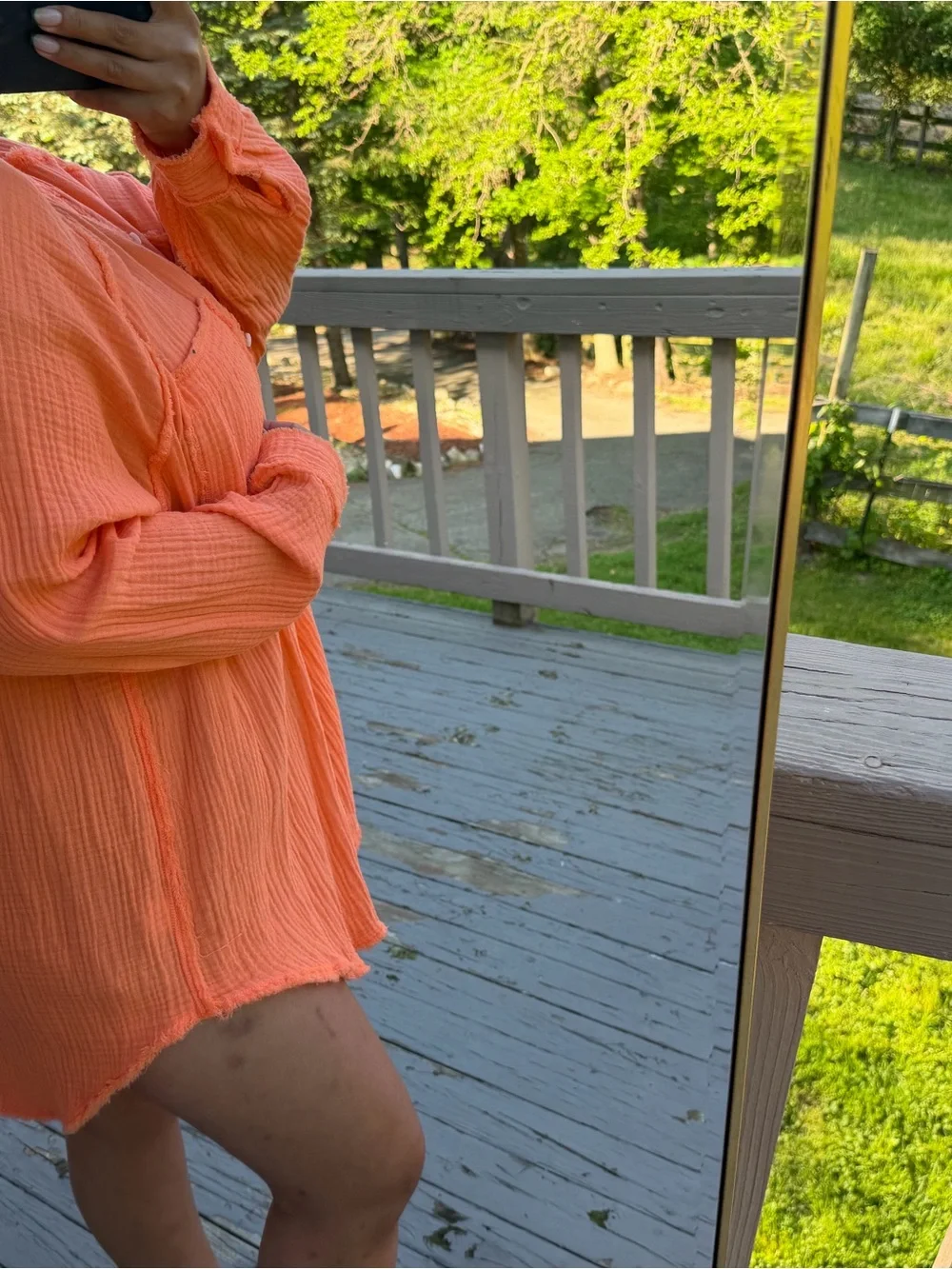 AERIE • Lightweight Button-Up Shirt — Bright Coral Orange / TUNIC LENGHT - Picture 3 of 8